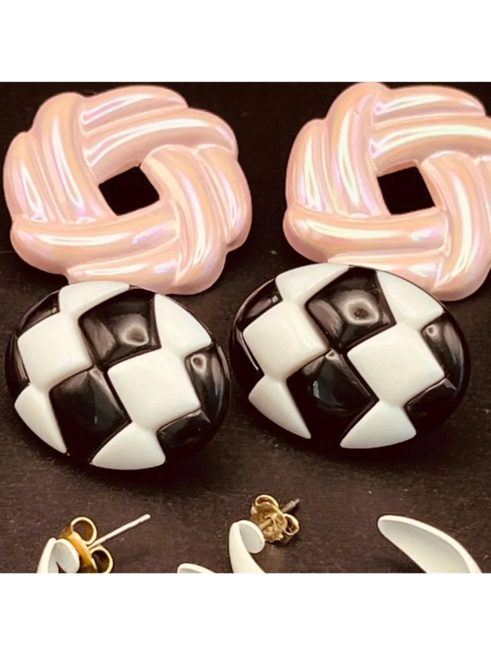 Vintage 1980s Earrings Lot Six Pair Pink/White/Black Resin Metal